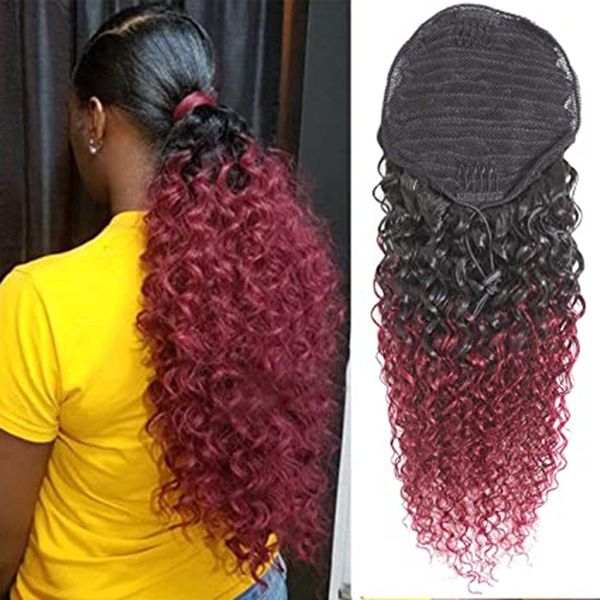 Human Hair Ponytail Extensión Ombre 2 tonos Red Kinky Rizado Rizado Pony Tail Hoquilla SoltyTails para mujeres negras Virgin Brasileño Raw 120g