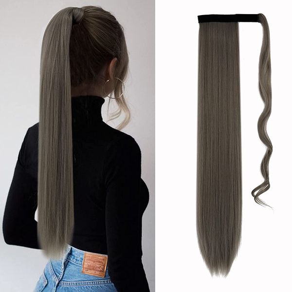 Extensions de queue de cheval de cheveux humains Highlight Dirty Blonde Mixed Platinum Blonde Ponytails Real Hair-Extensions One Piece120g Wrap Around Hairpiece Deep Grey