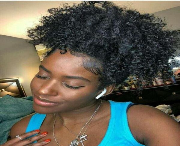 Cabello humano Corto Afro Kinky Rizado Cola de caballo Extensión del cabello 120 g High Puff Afro Ponytails Cordón Cola de caballo Black1b2636403