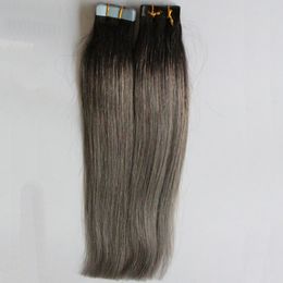 Menselijk Haar Rechte Ombre Skin Inslag Hair Extensions T1B / Gray Ombre 100G 40PCS Tape in menselijke haarextensies