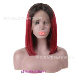 Human Hair T-Color Wave Head Pruik T1B Bourgondië Wine Red Lace