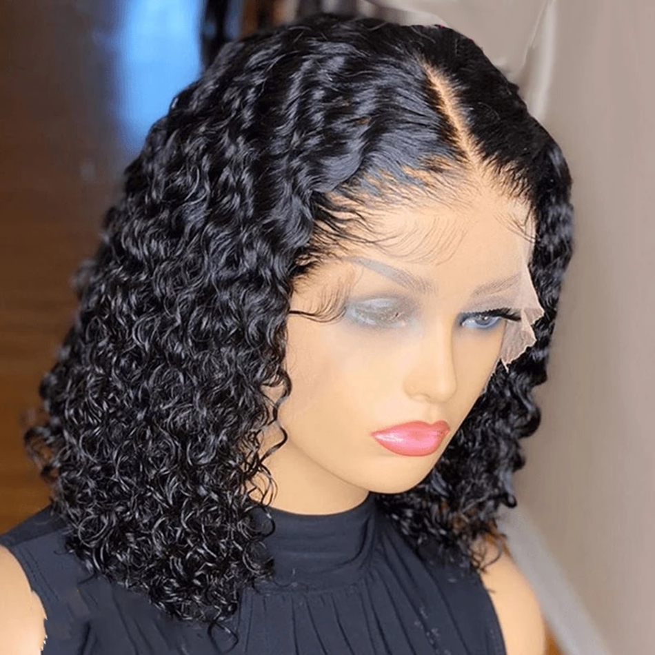 Human Hair Water Wave Bob 13x4 Transparent Lace Frontal Wig Pre Plucked Bleached Knots 100% Human Hair