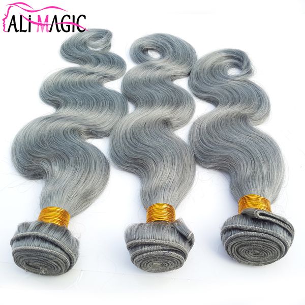 Cheveux humains tisse des extensions de cheveux humains gris vague de corps grade 8A 3 paquets 100G Extensions de cheveux gris en gros AliMagic prix d'usine pas cher
