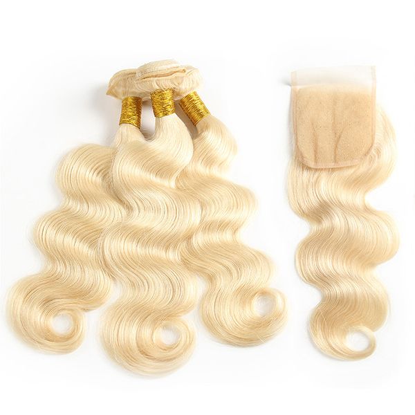 El cabello humano teje con paquetes de cierre 613 Bleach Blonde Extensiones de cabello de 22 pulgadas 3 paquetes / lote 4 * 4 Cierre de encaje Onda recta del cuerpo al por mayor