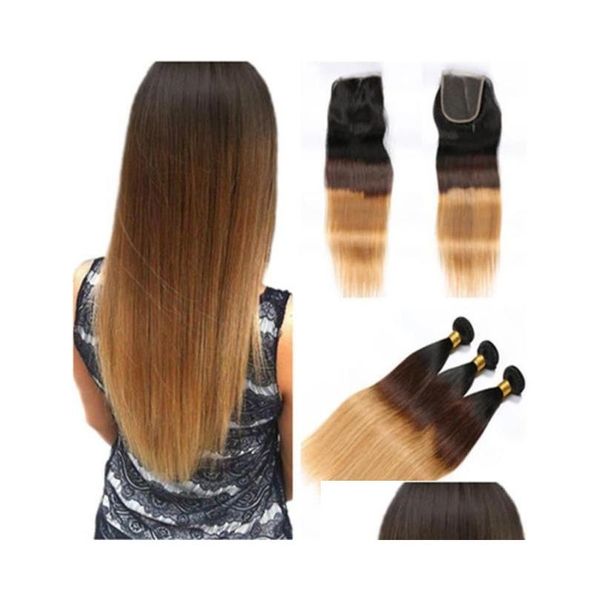 Tramas de cabello humano con cierre 1B 4 27 Honey Blonde Ombre Brasileño Tejidos rectos Tres tonos de color 4x4 Frontal Lace Drop Entrega Pro Otghe