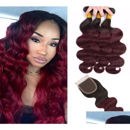 Trames de cheveux humains avec fermeture 8A Ombre Brésilienne Body Wave Bundles T1B99J Rouge Deux Tons Vierges Extensions Double Trame 4Pcs Drop Dhtao