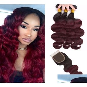 Menselijk haar inslagen met sluiting 8A Ombre Braziliaanse Body Wave-bundels T1B99J Rode tweekleurige Virgin Weeft Extensions Dubbele inslag 4-delig Drop Dhtao