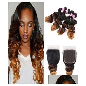 Human Hair Invests met sluiting gekleurde Braziliaanse ombre donkerbruine bundels Three Tone 1430 Loose Wave Blond Weave Lace Closu4461409 Dro Otnmb