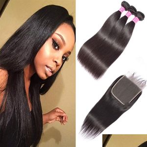 Human Hair Invests met sluiting Indian Virgin Extensions 3 Bundels 6x6 Lace Baby Straight 1030inch2796 Drop leveringsproducten DH4AU