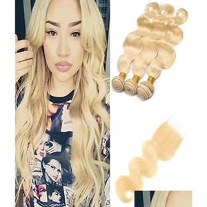 Trames de cheveux humains avec fermeture malaisienne non transformée Har Body Wave 3 faisceaux 4x4 dentelle 613 Extensions vierges blondes livraison directe produit Ot9Ys