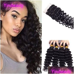 Trames de cheveux humains avec fermeture Malaisienne Vierge 3 Bundles 4X4 Vague profonde 4 par dentelle bébé Yirubeauty Drop Delivery Extensions de produits Dhxmg