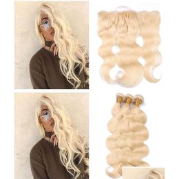 Trames de cheveux humains avec fermeture paquets blond platine dentelle frontale vague de corps 613 Extensions 134 produits de livraison directe Dhebl