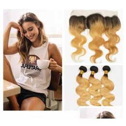 Inslagen van echt haar met sluiting Stberry Blonde Ombre Peruaanse weeft Frontale Body Wave 1B 27 Honing 3 Bundels Kant Drop Delivery Producten Otta6