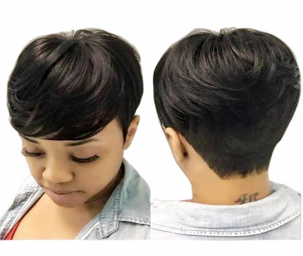 Perruque de cheveux humains Pixie coupe courte Bob perruque pour les femmes noires brun foncé pleine Machine faite aucune perruque de dentelle 78139392258217