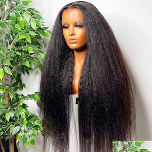 Perruques de cheveux humains 360 HD Kinky Straight Perruques frontales sans colle 13x4 Lace Front perruque de cheveux humains Yaki brésilienne vierge pré plumée pour goutte Dhqgb