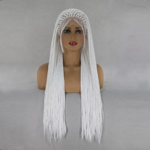 Perruques de Cheveux Humains BTWTRY Blanc Micro Tressé Synthétique Avant de Lacet avec Bébé Résistant À La Chaleur Fibre Boîte Tresses Perruque pour Noir Womne 230217