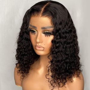 Perruques de cheveux humains pour femmes brésilienne vague profonde frontale perruque 180 densité Transparent T partie dentelle perruque Jerry Curl Bob préplumé Remy