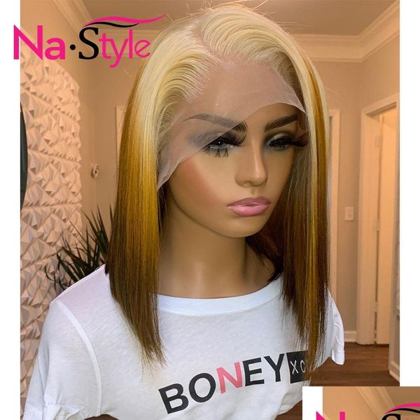 Pelucas de cabello humano HD Lace Frontal Wig Straight Bob Ombre Blonde 613 Frente Corto Drop Entrega Productos Remy Virgin Dhqgq