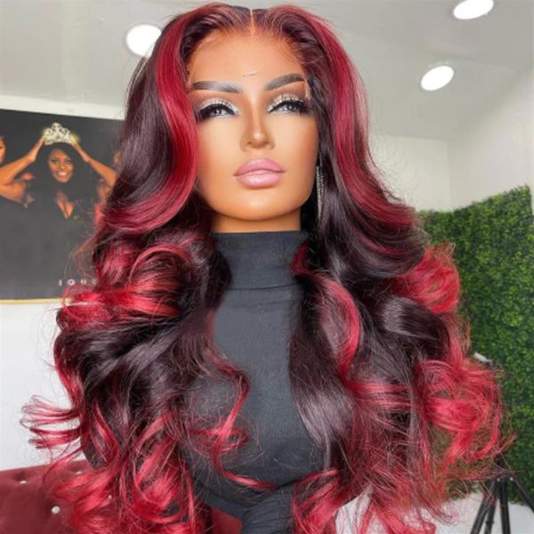 Pelucas de cabello humano Resaltado Ombre Color rojo Cuerpo Onda Peluca delantera de encaje para mujeres negras Borgoña Destacados Largo ondulado con bebé 23021283R