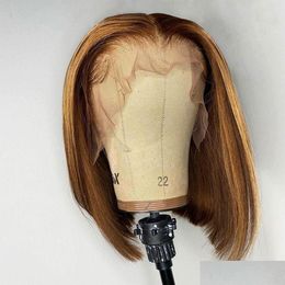Pelucas de cabello humano Honey Blonde Highlight Wig Straight 13X4 Bob Lace Front para mujeres negras Short HD Frontal Drop Entrega Productos Remy V Dh5Wt