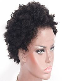 Peluces de cabello humano Afro Kinky Curly Hair Wigs Corto Remy Cabello Full Lace Wigs Camino de 8 pulgadas sin guas con correas2923445