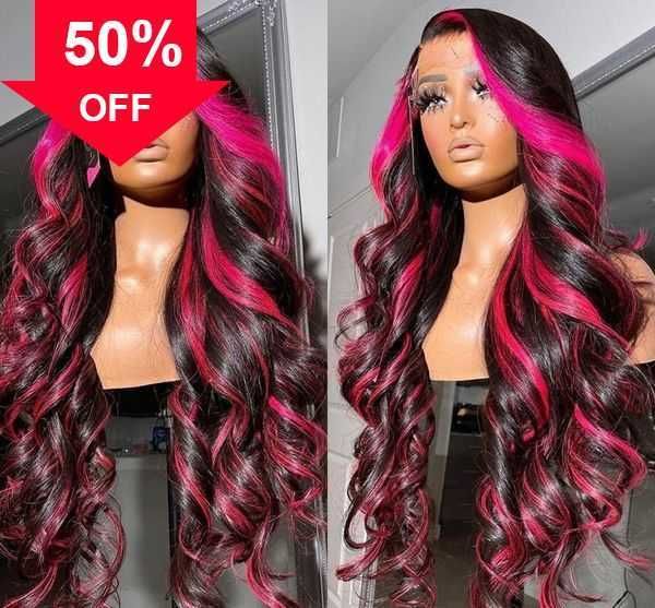 Perruques Capless Cheveux Humains Cheveux Plumés Synthétiques 30 pouces Ombre Rose Couleur Vague de Corps Perruque Avant de Lacet pour les Femmes Noires