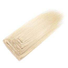 Menselijke Indiase haarclip in topkwaliteit Clip in haarverlenging 14 "-24" Set 120g platina blonde kleur 60 # volle kop, gratis DHL