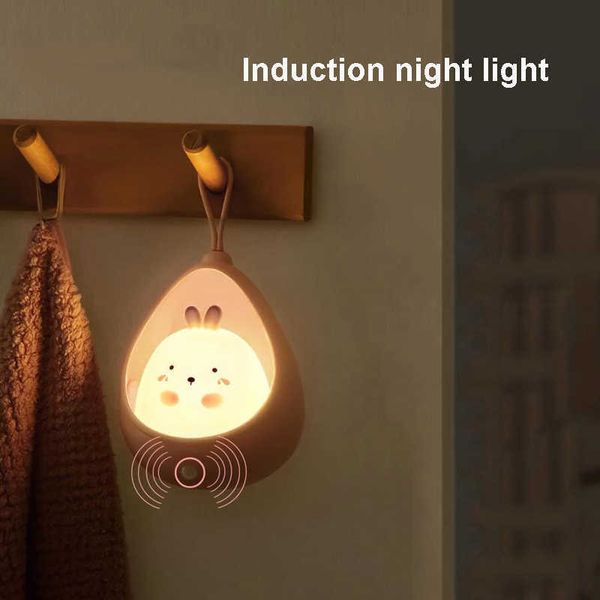 Capteur de lumière de nuit à induction humaine LED Lumières d'ambiance pour enfants Chat Lapin Applique murale en silicone avec corde suspendue HKD230628