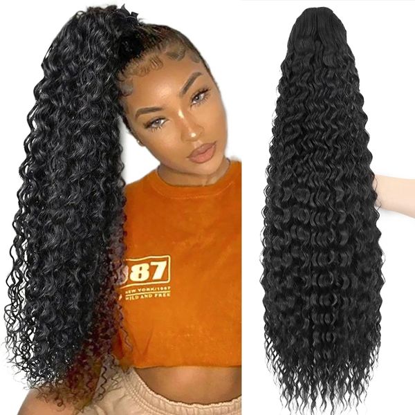 Human Long Kinky Curly Ponytail virgen Cordón Ponytail Clip-In Extensión de cabello para mujeres Natural Looking pony tail postizo 160g negro marrón Diva2