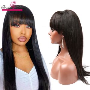 Pelucas rectas de encaje completo con flequillo Pelucas de cabello humano para mujeres negras Ninguna Pelucas delanteras de encaje Cabello virgen brasileño Sin cola Peluca hecha a máquina Greatremy