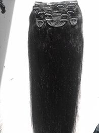 Agrafe brésilienne de cheveux de Yaki de cheveux vierges légers de clip dans les prolongements de cheveux humains couleur noire naturelle non traitée avec la pleine tête de tissu de dentelle