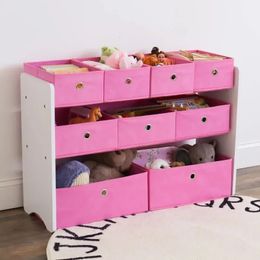 Humble Crew Carly speelgoedopbergorganisator voor kinderen met 9 opvouwbare stoffen bakken, wit en roze 240125