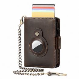 Humerpaul Airtag Pop-up Card Solder Purse RFID Protect Credit Card Holder Crazy Horse Leather Men's Wallet Men With Chain Coin Pocket I2YZ #