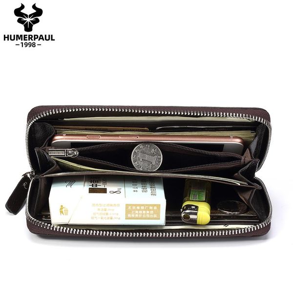 HUMERPAUL portefeuille en cuir véritable RFID bloquant pochette portefeuille porte-carte porte-monnaie fermeture éclair mâle Long noir/café portefeuille