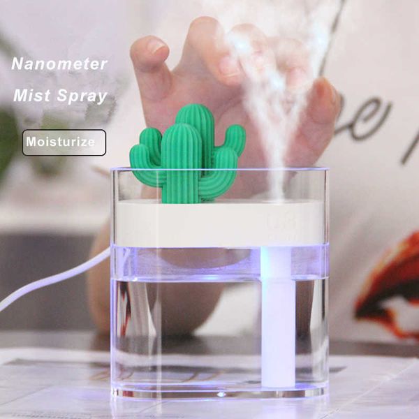 Humidificadores 160ML Humidificador de aire ultrasónico Luz de color de cactus transparente Difusor esencial USB Purificador de aroma Difusor de niebla