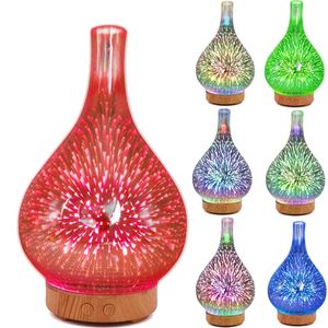 Luchtbevochtigers 3D vuurwerk glazen vaasvorm luchtbevochtiger met 7 kleuren led-nachtlampje aroma etherische olie diffuser mistmaker ultrasoon