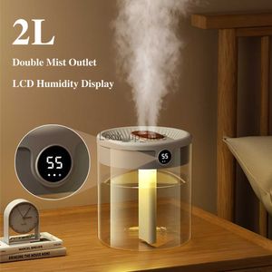 Luchtbevochtigers H2o luchtbevochtiger 2L grote capaciteit dubbele mondstuk met LCD-vochtigheidsdisplay aroma etherische olie diffuser voor thuis draagbare USB YQ230927