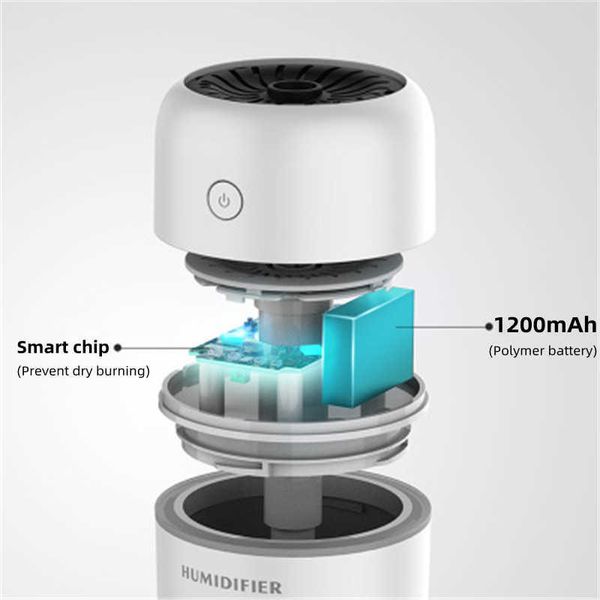 Humidificateurs Mini humidificateur d'air portable USB diffuseur essentiel d'aromathérapie 1200 mAh brume ultrasonique rechargeable avec lumière colorée