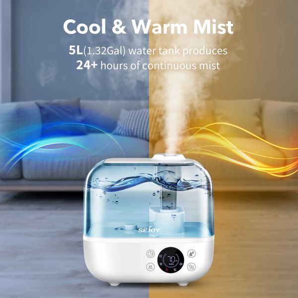 Humidificateurs Sejoy 5l Air Humidificateur adapté aux grandes pièces chambres de bébé et bureaux calmes de brouillard chaud ultrasonique automatique de chambre à coucher automatique Humidificateur Y240422