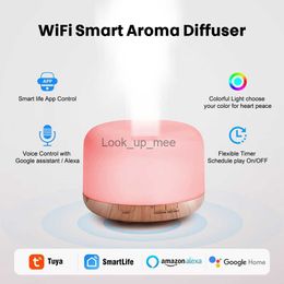 Humidificateurs Tuya WiFi humidificateur d'air intelligent diffuseur d'huile d'arôme essentiel ultrasonique 500ml humidificateur d'air à Grain de bois brumisateur 7 couleurs LED YQ230927