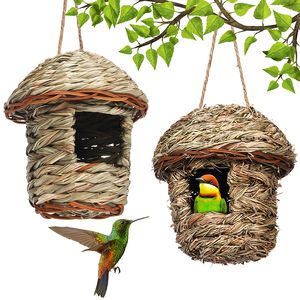 Maison pour colibris, nid d'oiseau tissé à la main pour suspendre à l'extérieur, petites maisons d'oiseaux en herbe, cabane à oiseaux en fibre naturelle, poche de perchoir pour pinson, canari, mésange