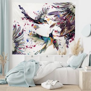 Tapiz de colibrí, Flores de lirio de arte pájaros y salpicaduras de color en estilo de pintura de acuarela, colgante de pared para sala de estar de dormitorio