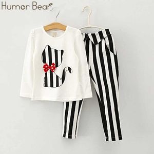 Humor beer herfst baby meisje kleding kat cartoon lange mouwen t-shirt + streep broek pak meisjes kleding set kinderkleding x0902