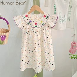 Humour Bear Childrens Clothes Girl Robe coréen broderie manche volante douce colorée à pois coloré fprincess pour 27y 240420