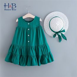 Humor Bear Girls Set zomer losse mode mouwloze massieve ronde nek prinses jurk hoed 2 stcs casual kinderen 220620