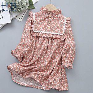 Humor Bear Girls Dress Nieuwe Lente Herfst Lange Mouwen Floarl Gedrukt Kant Ruffle Patchwork Princess Jurk Peuter Kids Clakene Q0716