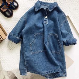 Humour Bear Girls Dress Spring Automne Long-leveve Couleur solide Denim Casual Loose Pocket Toddler Kids Vêtements 240407