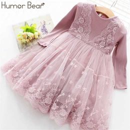 Humor Bear Girls Dress Spring Casual Mangas largas Lace Mesh Kids ES para niña Ropa de otoño Princess Party 211231