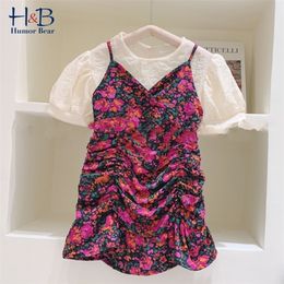 Humor Bear Girls Set Summer Fashion korte mouw Top Sling Floral Dress 2pcs Toddler Kinderkleding 220615