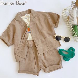 Humor beer japanse Koreaanse stijl jongens katoen linnen kleding sets kinderen all-match single-breasted shirt   shorts 2 stks pakken 220419